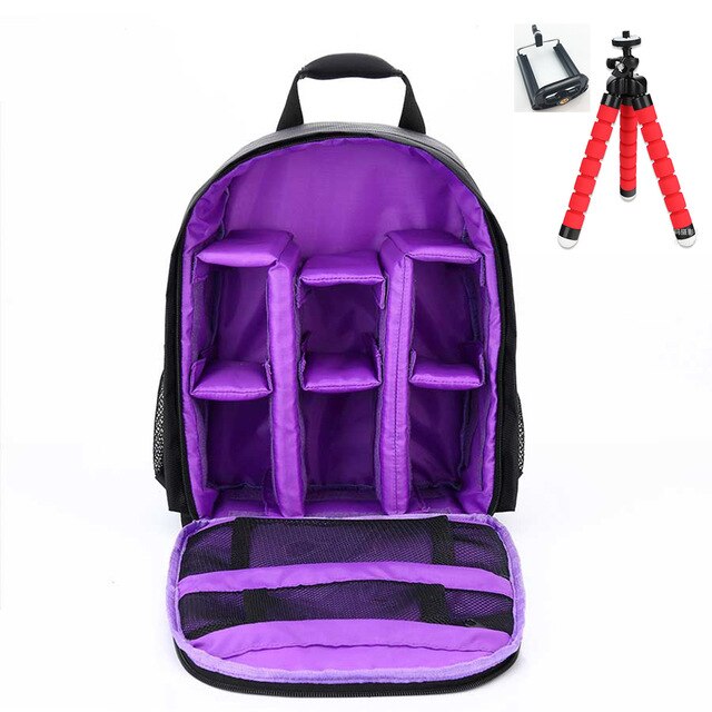 Multi-functional Camera Backpack Video Digital DSLR Bag Waterproof Outdoor Camera Photo Bag Case for Nikon/ for Canon/DSLR: purple and tripod