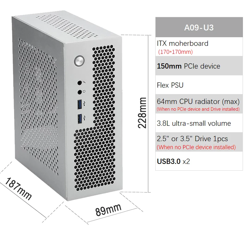 A09 3.8L ITX Chasis A4 HTPC Computadora portátil PC Soporte PCIe 2.5' SSD Drive Mini IPC Flex PSU Case: Plata