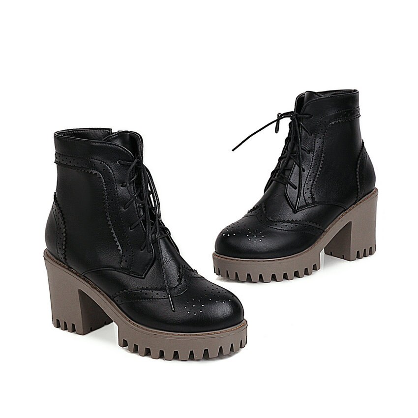 QUTAA Plattform runden Zehe lässig Knöchel Stiefel Platz hoch Hacke kurz Stiefel Spitze hoch Reißverschluss alle Spiel Frauen Schuhe Größe 34-43: Schwarz / 6