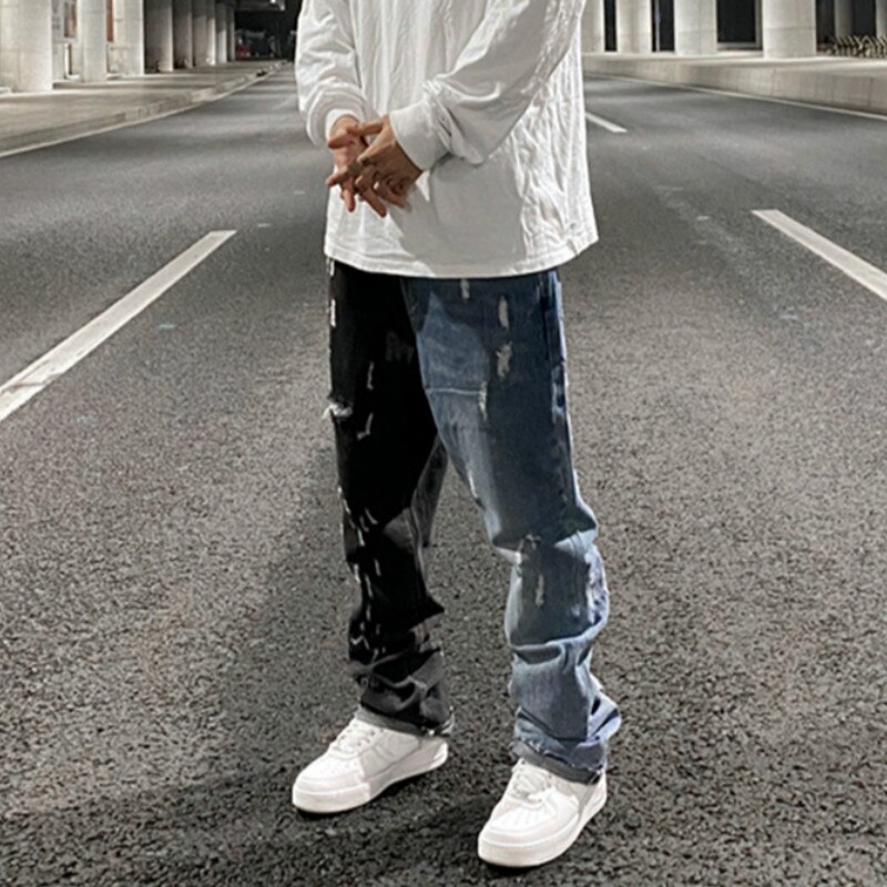 Hommes Denim Flare pantalon Patchwork déchiré trous pantalons décontractés automne hiver Streetwear Hip Hop pantalons longs Joggers jean