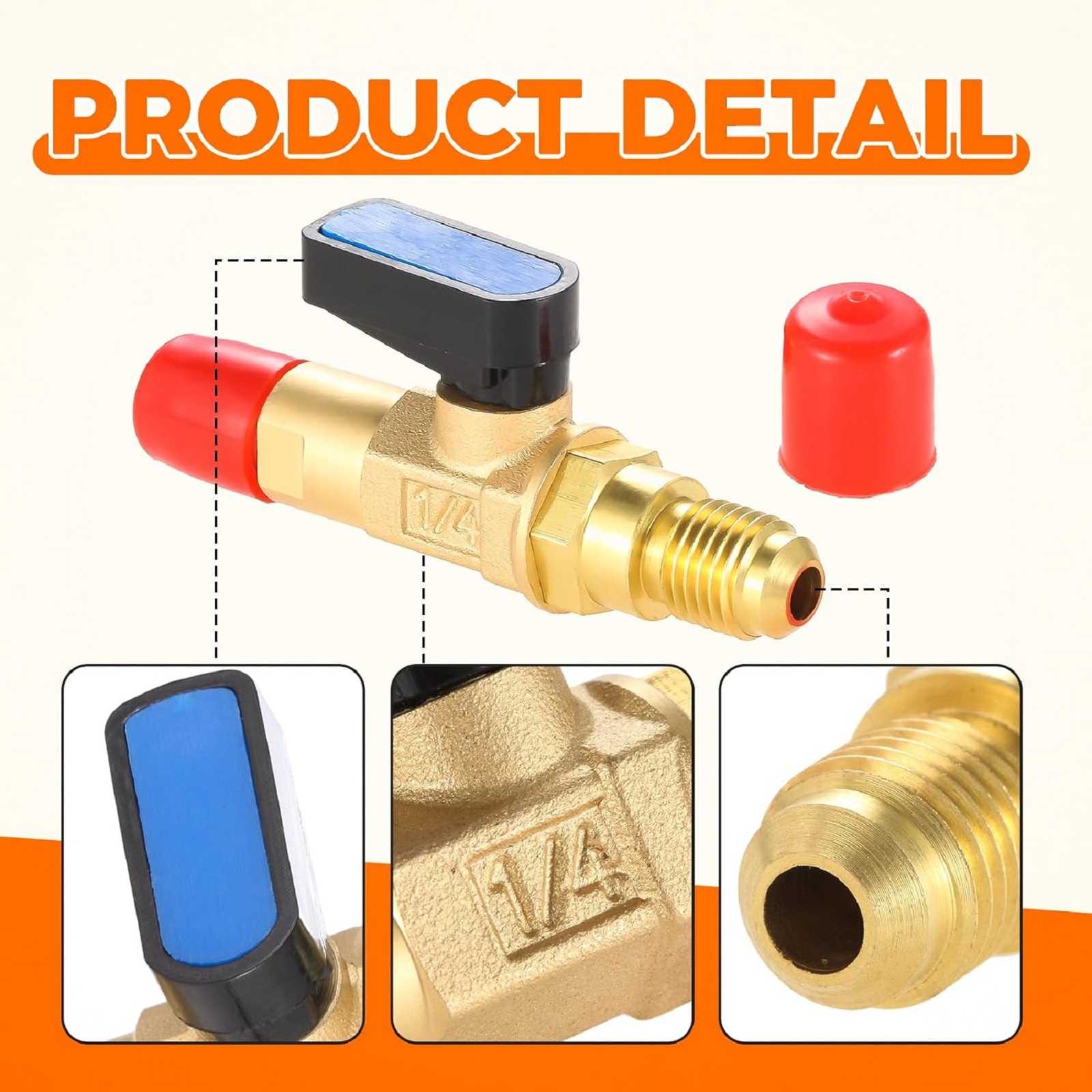 HVAC Refrigerant Straight Shut-Off Ball Valve Connector 1/4" Male SAE Adapter for Adding Liquid and Fluorine To Air Conditioner