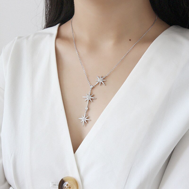 Real 925 Sterling Silver Pendant Necklace For Women Stars Long Pendants 4A Zircon Boho Collares De Moda Accessories Fine Jewelry