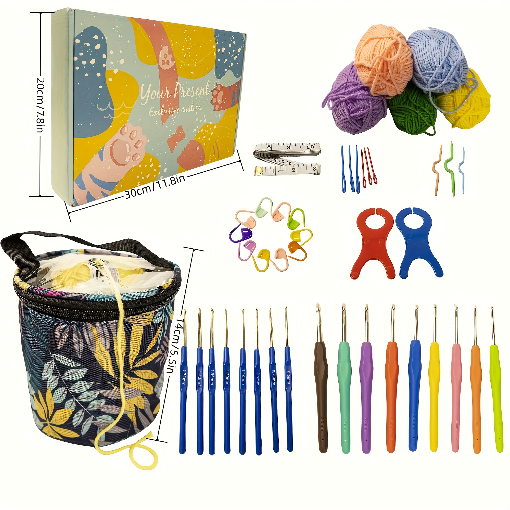 Häkel-Starter-Set für Erwachsene für Damen | 5 Premium-Garn + 2–6 mm Haken und Blumentasche | All-in-One-Geschenkbox mit DIY-Werkzeugen und zufälligen Produkten