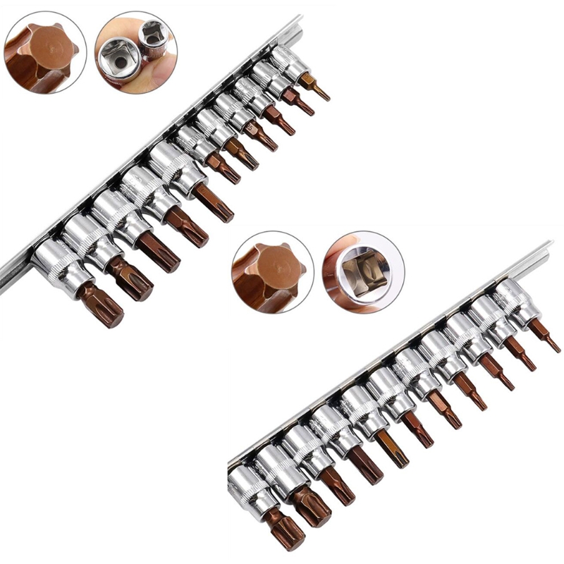 11Pcs T10-T60 3/8" 1/4" Star Hexagonal Torx Bit Socket Kit Driver Sleeve Tool
