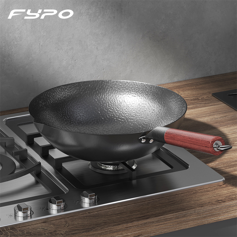 Fypo 32Cm Ijzeren Wok Handgemaakte Ijzeren Pan Huishouden Koekenpan Non-stick Pan Gasfornuis Inductie Fornuis Universele hout Cover Ijzeren Wok