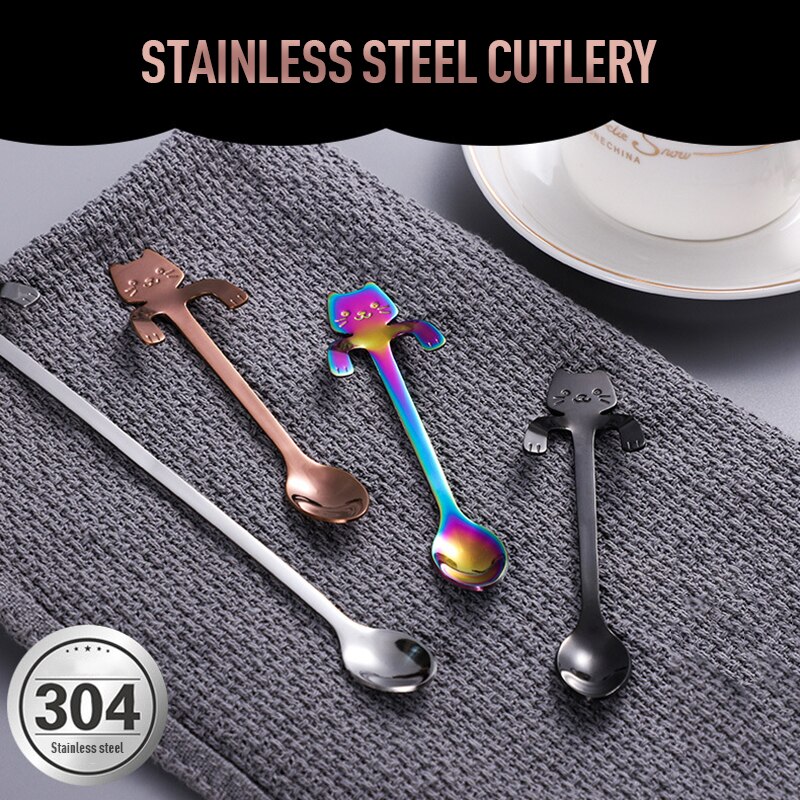 Mini colher de café 304 aço inoxidável, desenho animado, gato, colher, cabo longo, ferramenta para beber café, utensílios de cozinha, venda imperdível