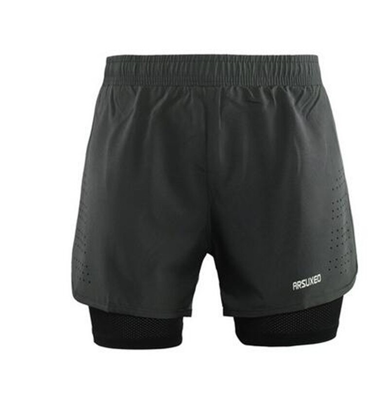 ARSUXEO Sport Fietsbroek Mannen 2 In 1 Marathon Sportbroek Sneldrogend Ademende Fietsbroek Met Ritsvak: Grijs / S