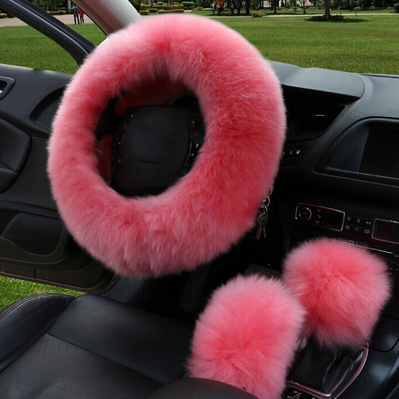 Bil lang plys varm rattæppe uld håndbremse universal 3 stk / sæt kunstig pels auto interiør ratdæksler: Lyserød