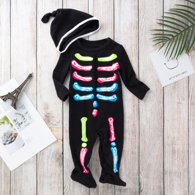 Herbst Winter Baby Kleidung Jungen Mädchen Halloween Kostüm Skelett Gedruckt Neugeborenen Kleinkind Strampler Schwarz Langarm Baby Strampler