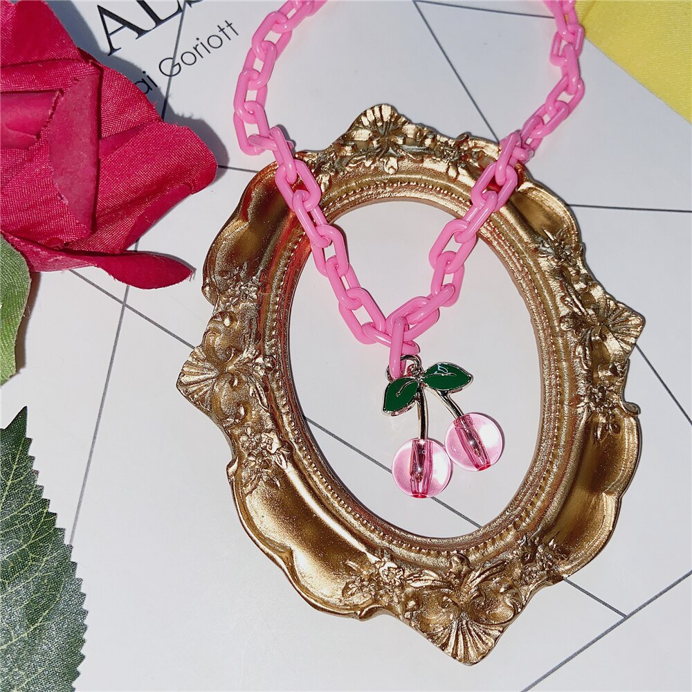 Pink kirsebær gennemsigtig akryl kæde vedhæng halskæde til kvinder pige sød frugt choker halskæde statement smykker