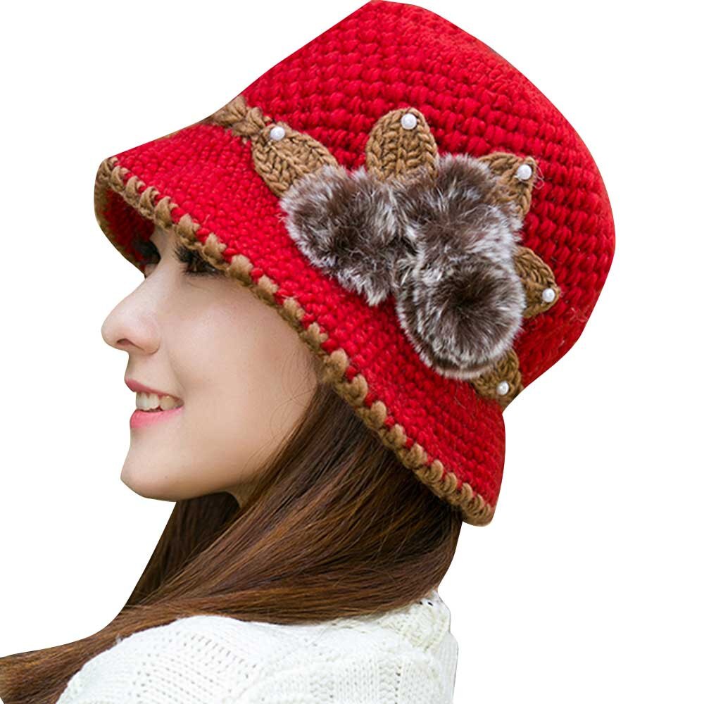 Ears Hat Knitted Women Cap Newly Lady Winter Warm Crochet Flowers Decorated Ears Hat Mujer: Red