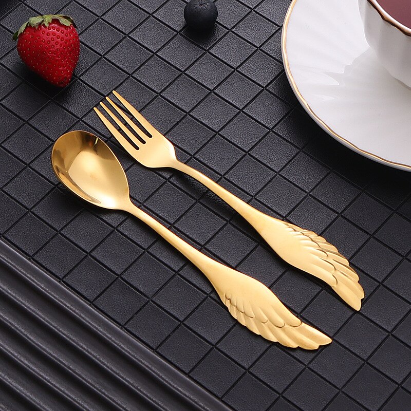 16Cm Creatieve Wings Rvs Lepel Vork Hotel Restaurant Titanium Plated Lepel Vork Bestek Vorken En Lepel Set: gold