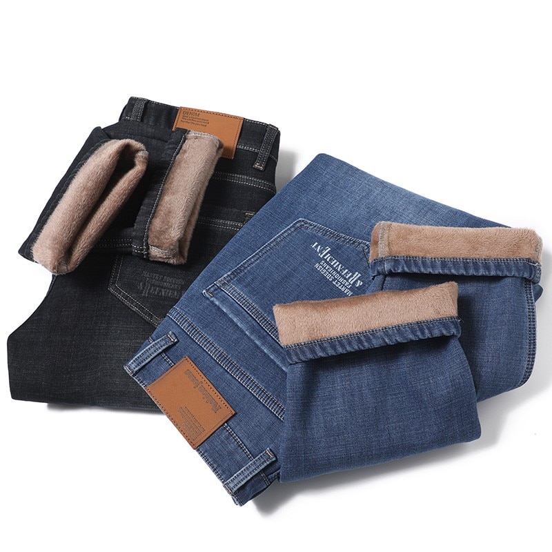 Vinterjeans mænd sort slim fit stretch tykke fløjlsbukser varme jeans casual fleecebukser herre plus str.