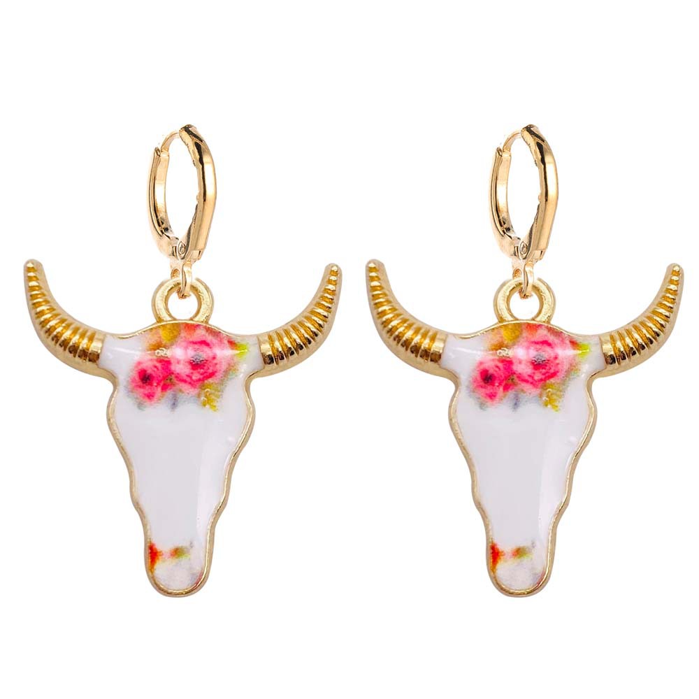 Pendientes de cabeza de toro esmaltados coloridos, vaquera occidental, pendientes colgantes de aleación, joyería: COLOR ORO ROSADO