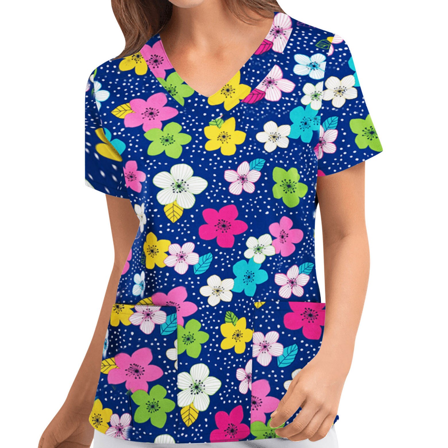 Neueste Krankenschwester Uniform Spitzen Frauen Plue Größe Tier drucken lässig Kurzarm V-ausschnitt Pflegeperson oben Ostern Pflege uniforme enfermera: Blau / M