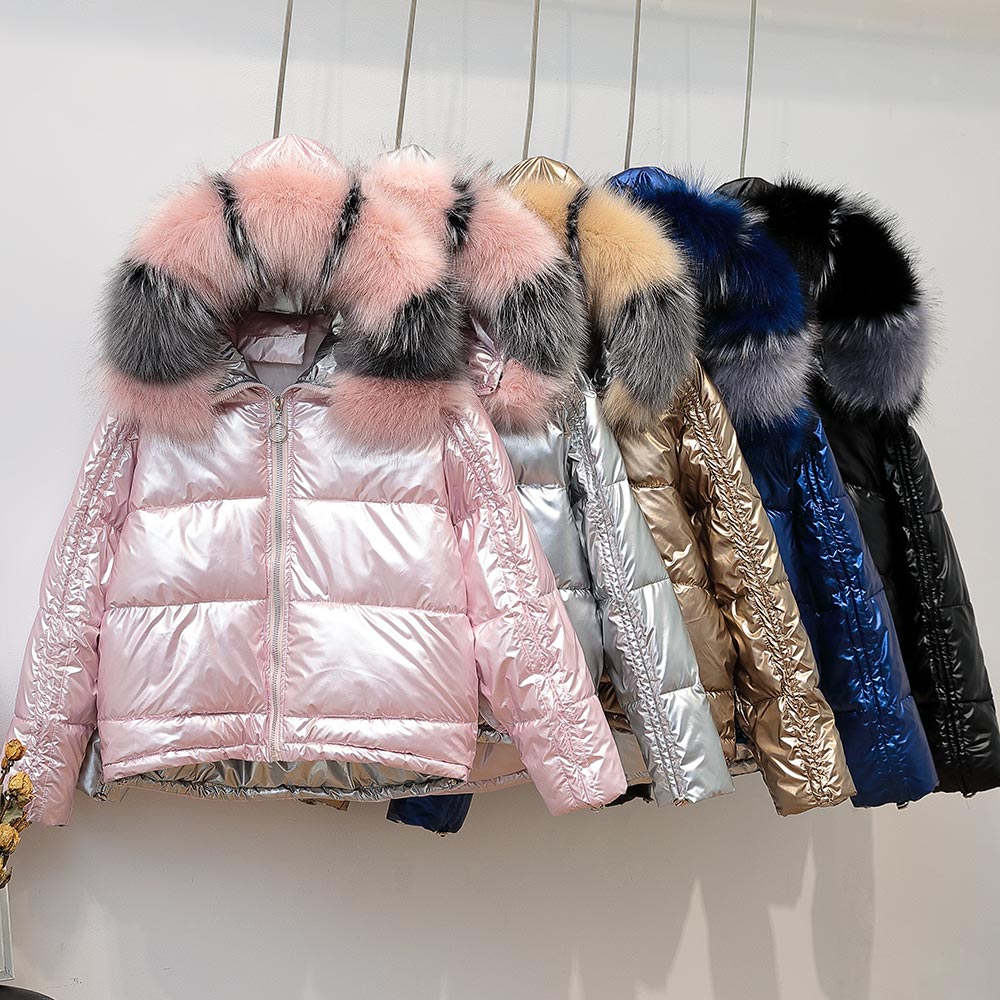 PinkyIsBlack mujer invierno Parkas chaqueta abrigo brillante cálido mujeres Abrigo con capucha de piel corto algodón acolchado chaqueta de invierno Mujer