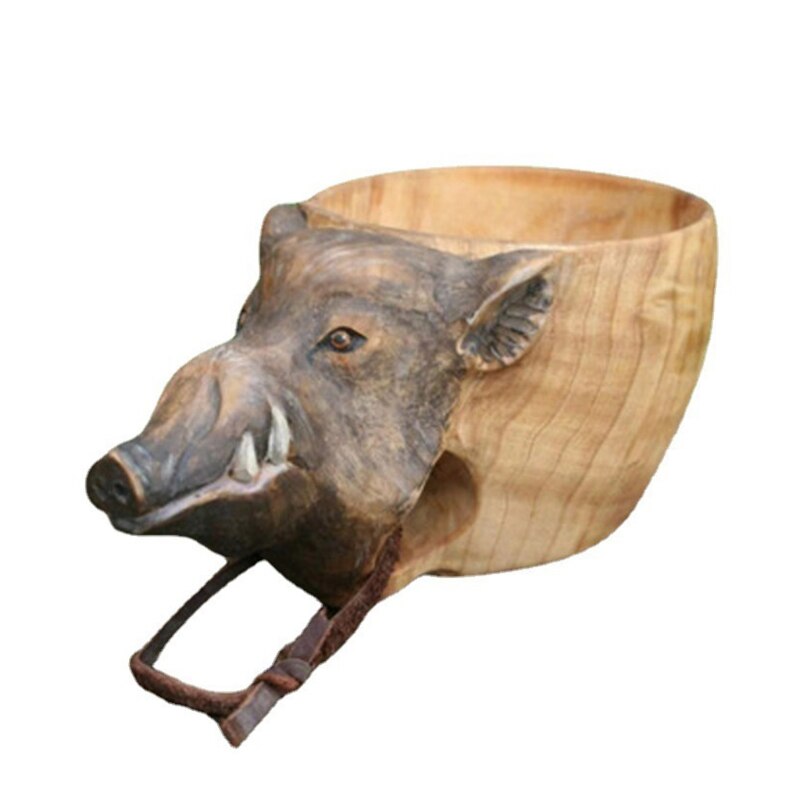 Hand Gesneden Rubber Houten Mok Dieren Hoofd Afbeelding Cup Houten Dier Mok Vorm Draagbare Camping Drinkbeker Drinkbekers