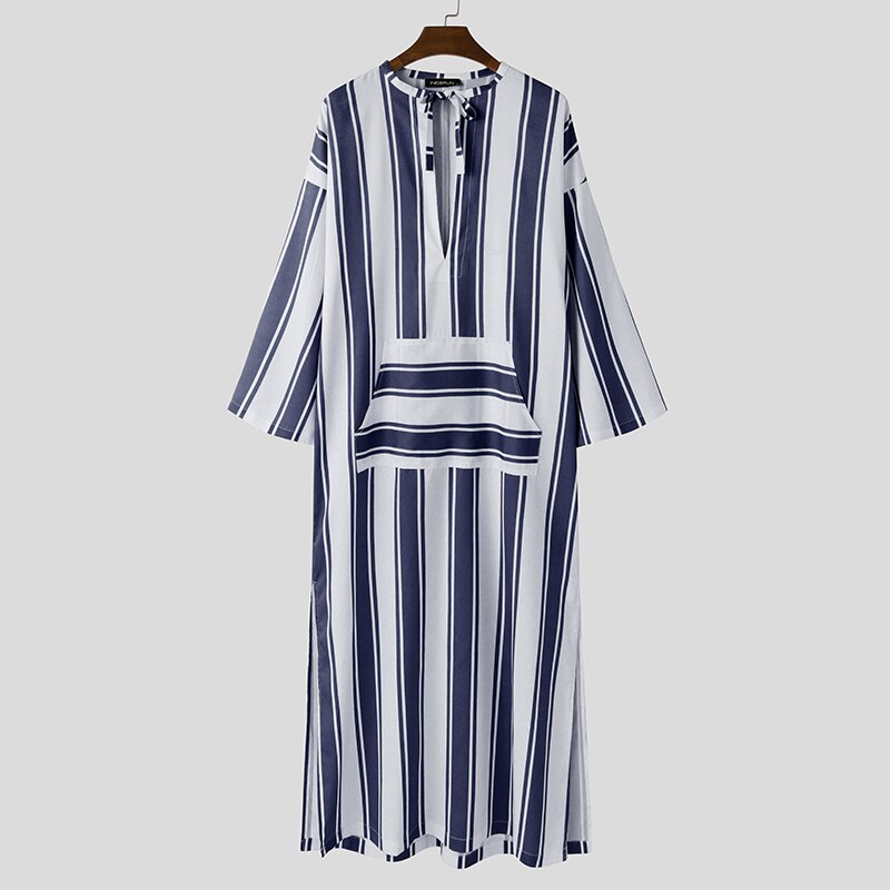 Incerun heren islamitische jubba thobe gestreepte vetersluiting losse lange mouwen gewaad zakken midden-oosten dubai kaftan heren islamitische arabische kaftan: Marine / Xl