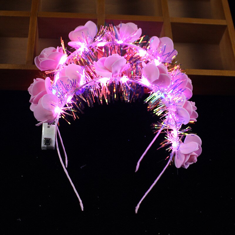 Diadema de flores con luz LED para niña y mujer, guirnaldas de pelo brillantes, suministros para de cumpleaños y Rave: Rosa