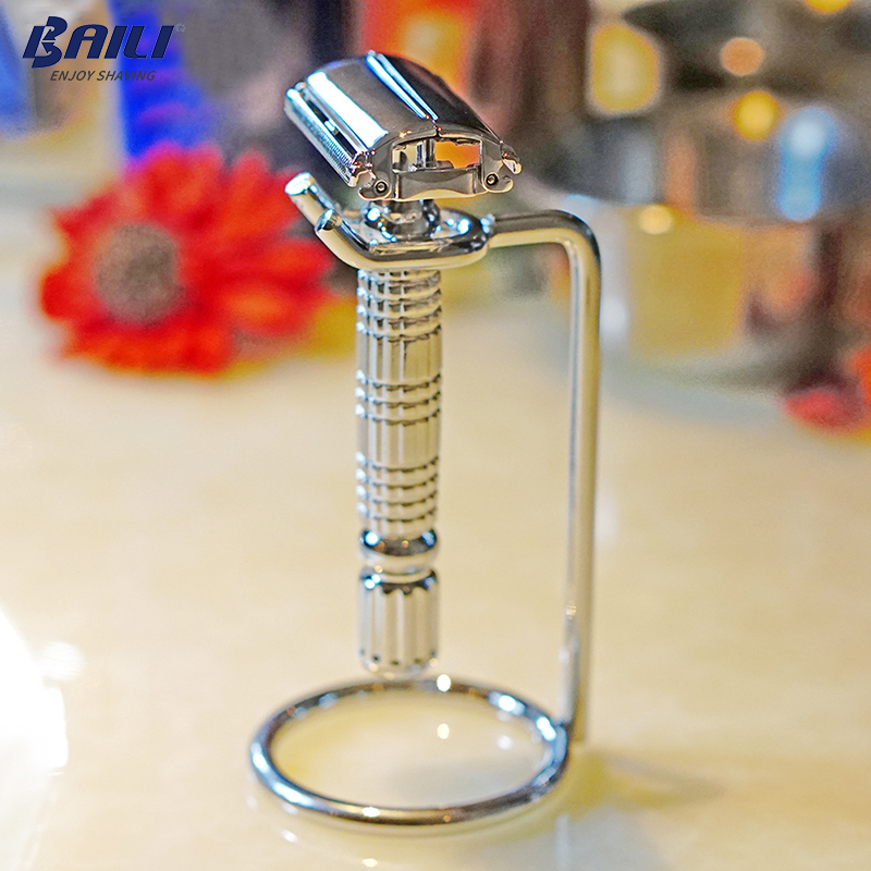 BAILI Men's Barber Butterfly Open Head Safety Shaving Blade Razor Stainless Double Edge Unscrew Zinc Alloy +Stand BD179