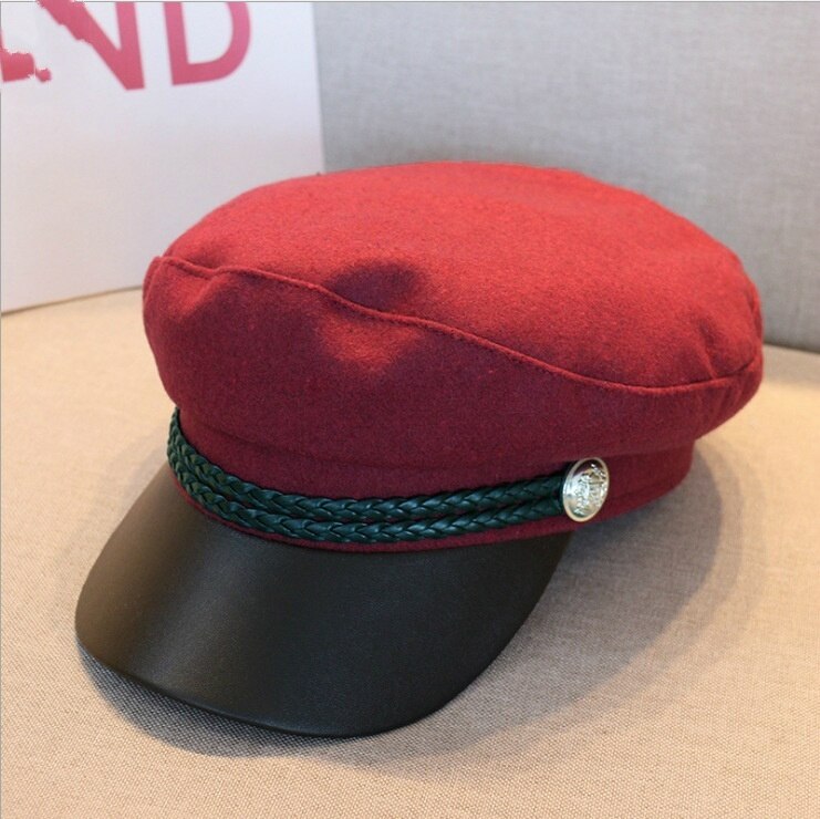 Pu læderhat efterår vinter uld sømandshat til kvinder mænd sort flad top rejse baret hat kaptajn cap: Rød