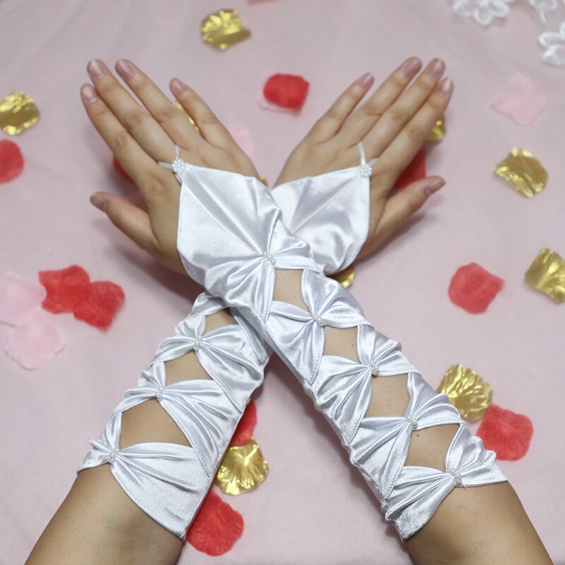 Guantes largos de satén plisados con lazo para mujer, manoplas para novia, color verde, elásticos, sin dedos, para noche, , graduación, color azul: white