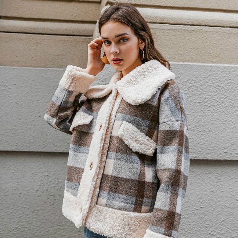 Chaqueta Vintage a cuadros para mujer, abrigo de lana de oveja grueso, cálido, informal, Polar holgado, abrigos con bolsillo, primavera y otoño,