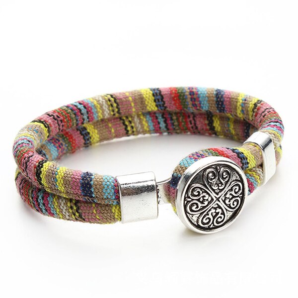 Bohemian Boho Druckknopf Armband für Frauen Multicolor Baumwolle Schnüre Tibetischen Silber Ethnische Charme Blume Armband Pulseras Mujer: B053S104