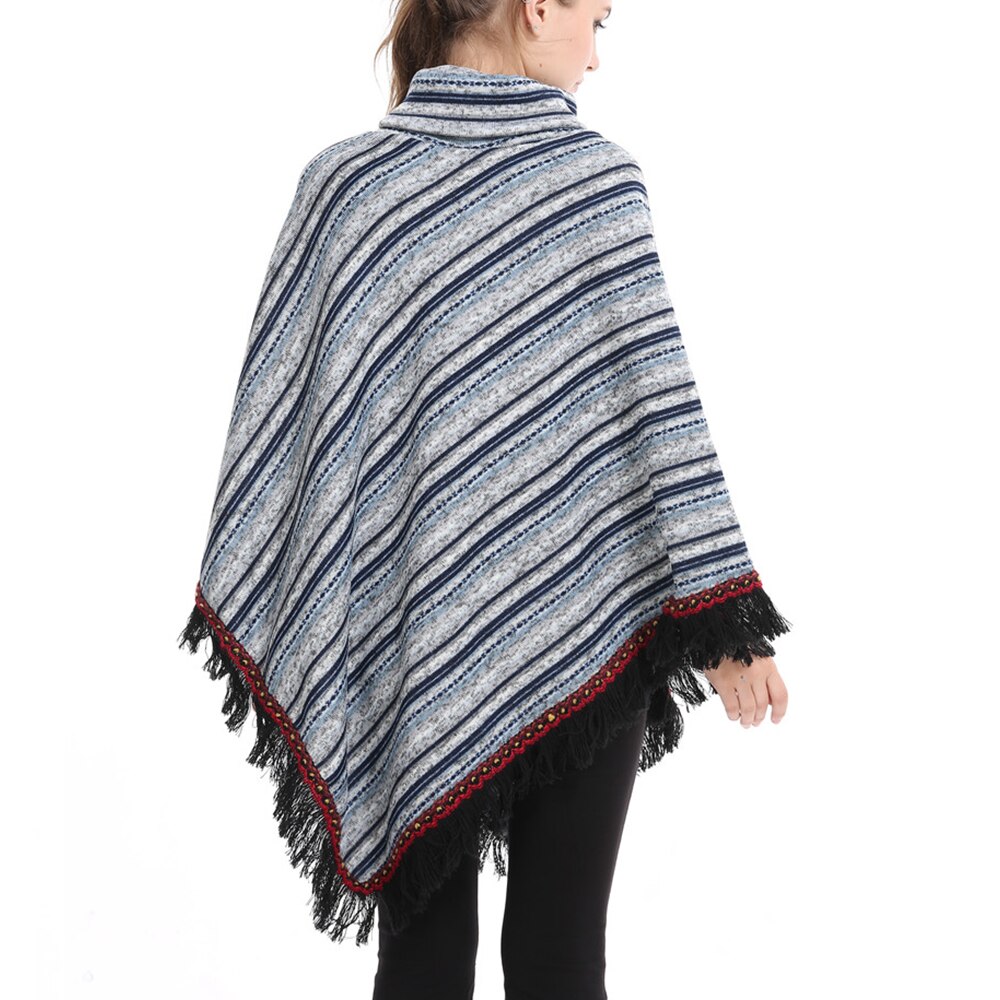 Vinter lang sektion høj krave jakke med frynser sjal løs jakke stribet tyk sweater efterår