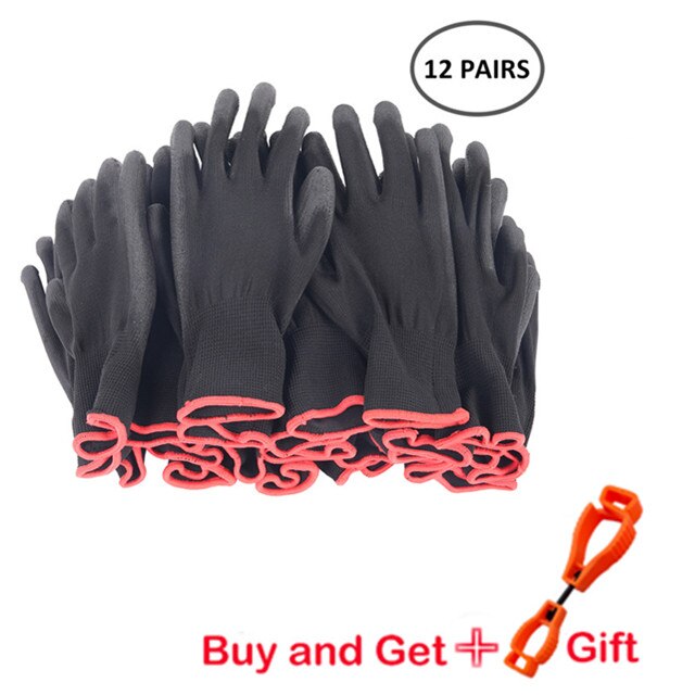 12-24 par manliga och kvinnliga nylonhandskar pu bästa arbetshandskar svarta nylon säkerhetsmaskiner arbetshandskar: S storlek 12 par