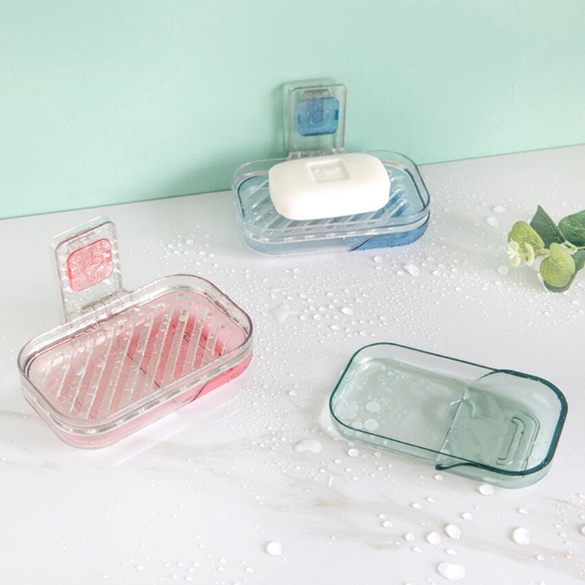 Transparent Laundry Soap Holder Case Wall Mounted Suction Cup Soap Dishes, Double Layer Bathroom Drain Soap Box Tray Shelf
