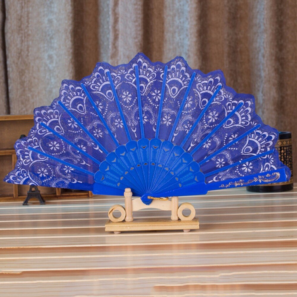 Ventilador plegable de poliéster con patrón de flores, 7 estilos, estilo chino tradicional de encaje con bronce, abanico plegable de tela ventilador plegable, decoración del hogar 1 unidad