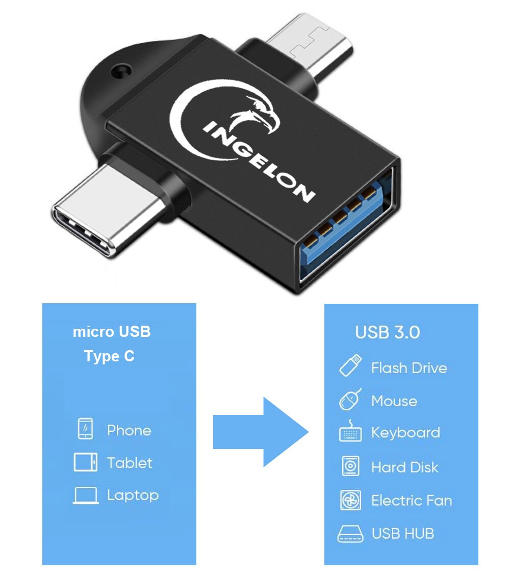 INGELON 2 in 1 OTG Converter USB 3.0 to Micro USB and Type C Adapter USB3.0 OTG Adapter Converter Data Mobile Phone Adapter