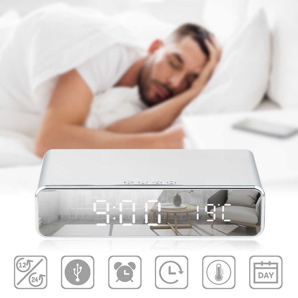 3 in1 LED Electric Alarm Clock Wireless Charger Phone Charging Pad Digital Thermometer Clock HD Clock Mirror With Time Memory