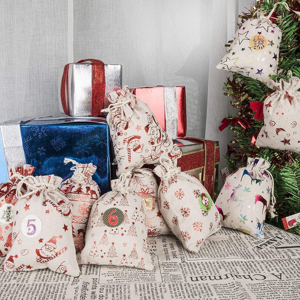 24 stk dekorative og hængende små stofposer adventskalender jule bomuld hør taske sæt juletaske