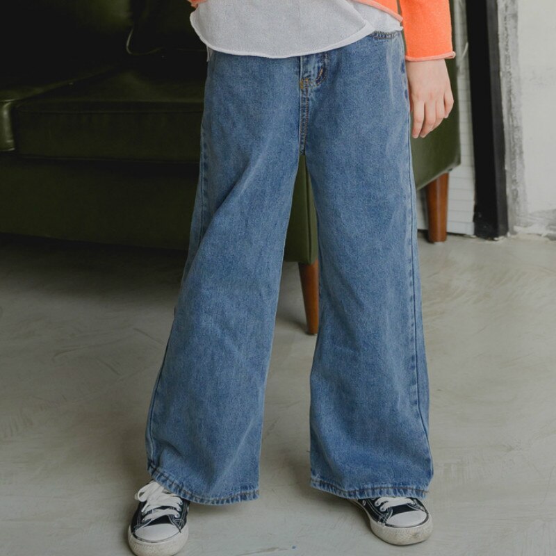 Teenage piger jeans børn efterårs tøj koreansk stil straight jeans børn piger brede ben casual bukser,  #9104: Blå / 10