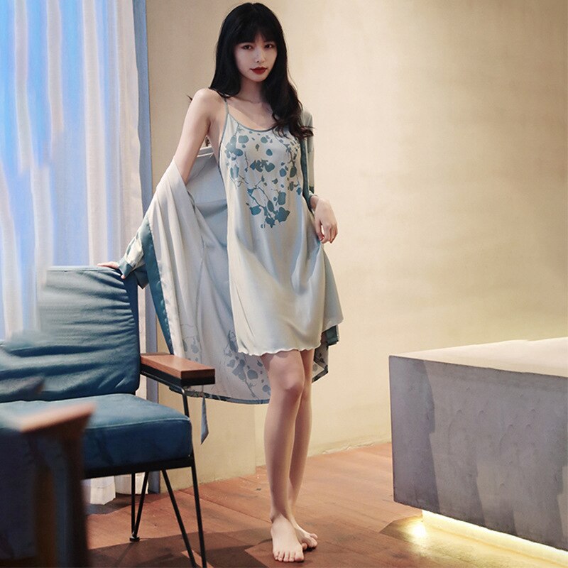 Nightdress Women's Spring Summer Robe Sets Ice Sexy Sling Nightgown Bathrobe Morning Gown Suit Home Clothes Sleepwear Floral: blue / M