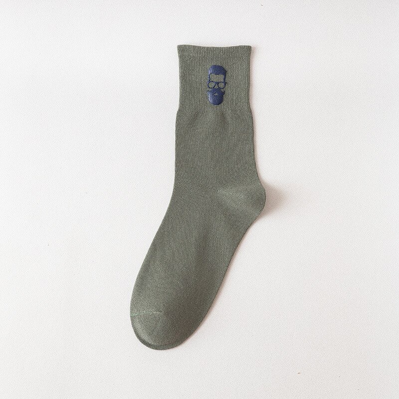 Chaozhu bomull #39 coola tecknade skägg glasögon yuppie ootd manliga strumpor höst vinter crew sox: Oliv