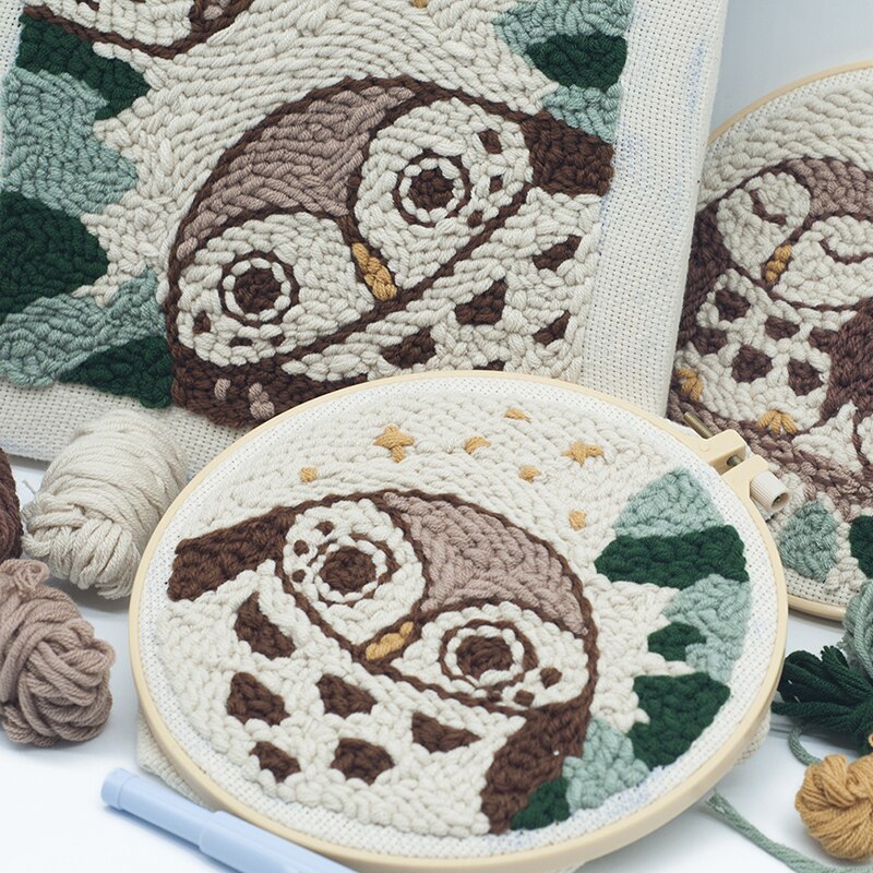 Uggla punch broderi kit med garn för diy nybörjare tecknad broderi handarbete ull arbete
