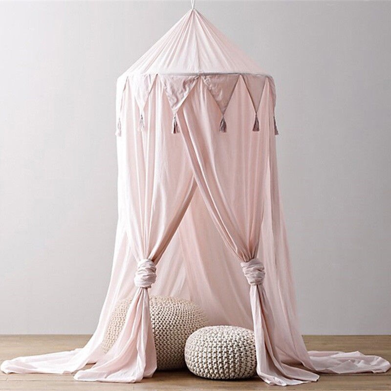 Kid baby seng baldakin sengetæppe myggenet gardin sengetøj rund kuppel telt bomuld linned flyve insekt beskyttelse: Lyserød