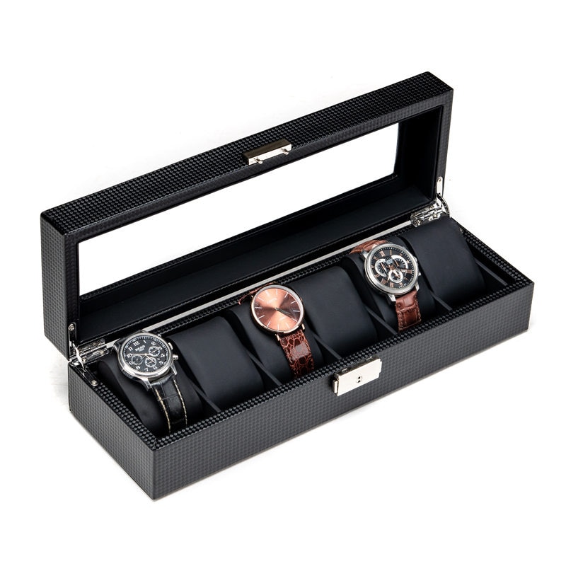 3/6/12 slots kulfiber urboks læder sort ur display box med lås herre ure organizer