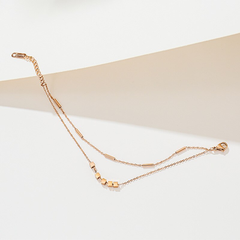 Pulsera de acero y titanio cuadrada, joyería de , pequeña, doble, oro rosa