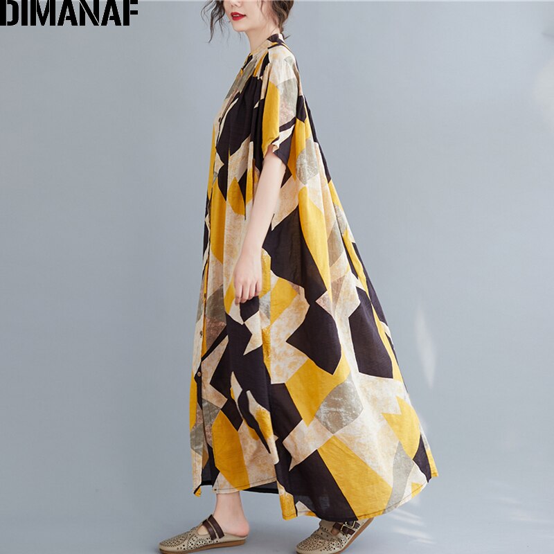 Dimanaf plus size vestido feminino algodão estampado verão vestido de verão roupas casuais senhora vestidos botão solto cardigan camisa vestido 5xl