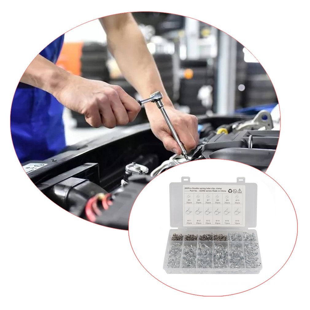 285pcs Double-Wire Spring Pipe Clamp Double-Wire Hose Water Pipe Clamp Φ5-Φ18 Fuel Tubes Clip Durable