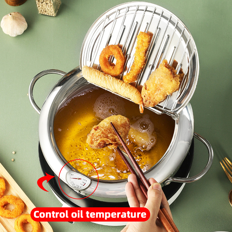 Japanse frituurpan met een thermometer en een deksel Frituurpan 304 roestvrijstalen keuken Tempura olie koekenpan Friteuse