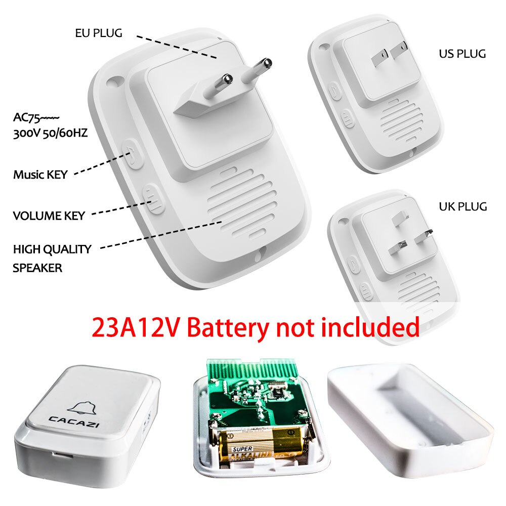 CACAZI Intelligent Wireless Doorbell Waterproof 2 Button 1 Receiver Home LED Light Battery Calling Bell Chime US EU UK AU Plug