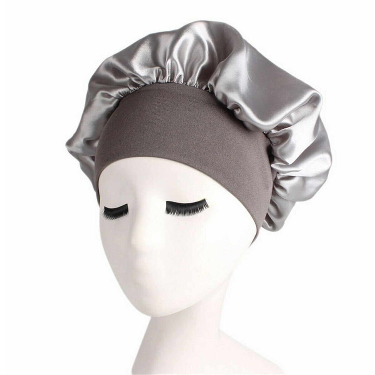 Silk Satin Night Sleep Cap Hair Bonnet Hat Head Cover Wide Band Adjust Elastic Hats For Household Fashionable Pure Supplies: Silver
