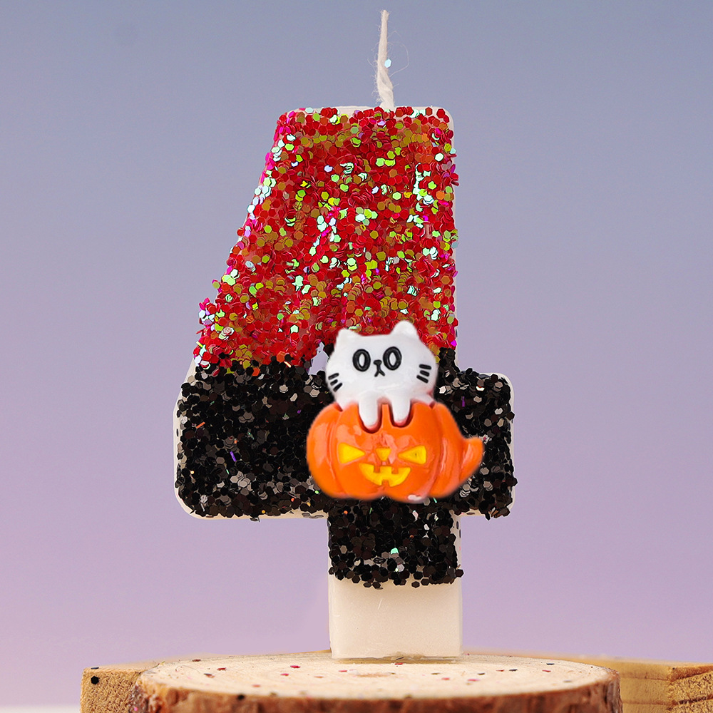 Velas de cumpleaños para niños, 1 piezas, bonito gato, calabaza, número 0-9, Festival de Halloween, vela de lentejuelas, Decoración de Pastel de 1 año: rainbow