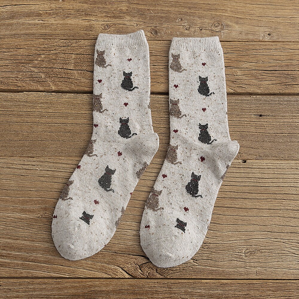 Calcetines con estampado de gato para mujer, medias de lana gruesa y suave con dibujos animados, accesorios de ropa cálidos para Otoño e Invierno