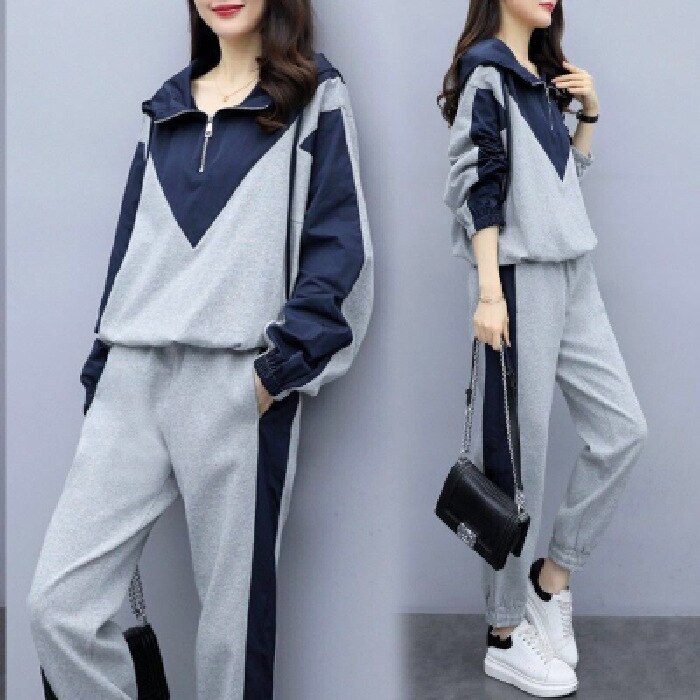 2022 Mode Sportkleding Hooded Sweater Broek Pak Vrouwen Grijs En Zwarte Stiksels Fitness Vrouwelijke Losse Sport Tweedelige pak: GRAY / M